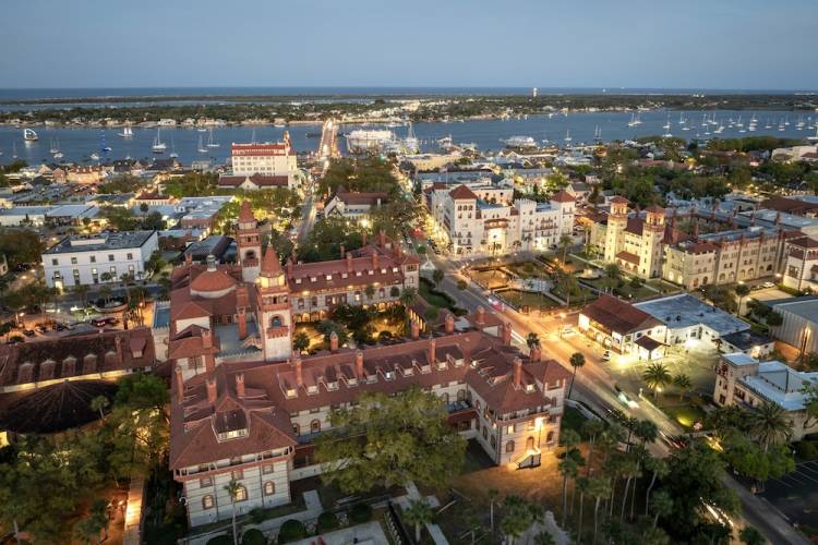 Aerial view of St. Augustine at night in winter